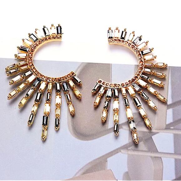 Gold Zircon Celestial Statement Earrings Abstract Geometric - Picture 3 of 4